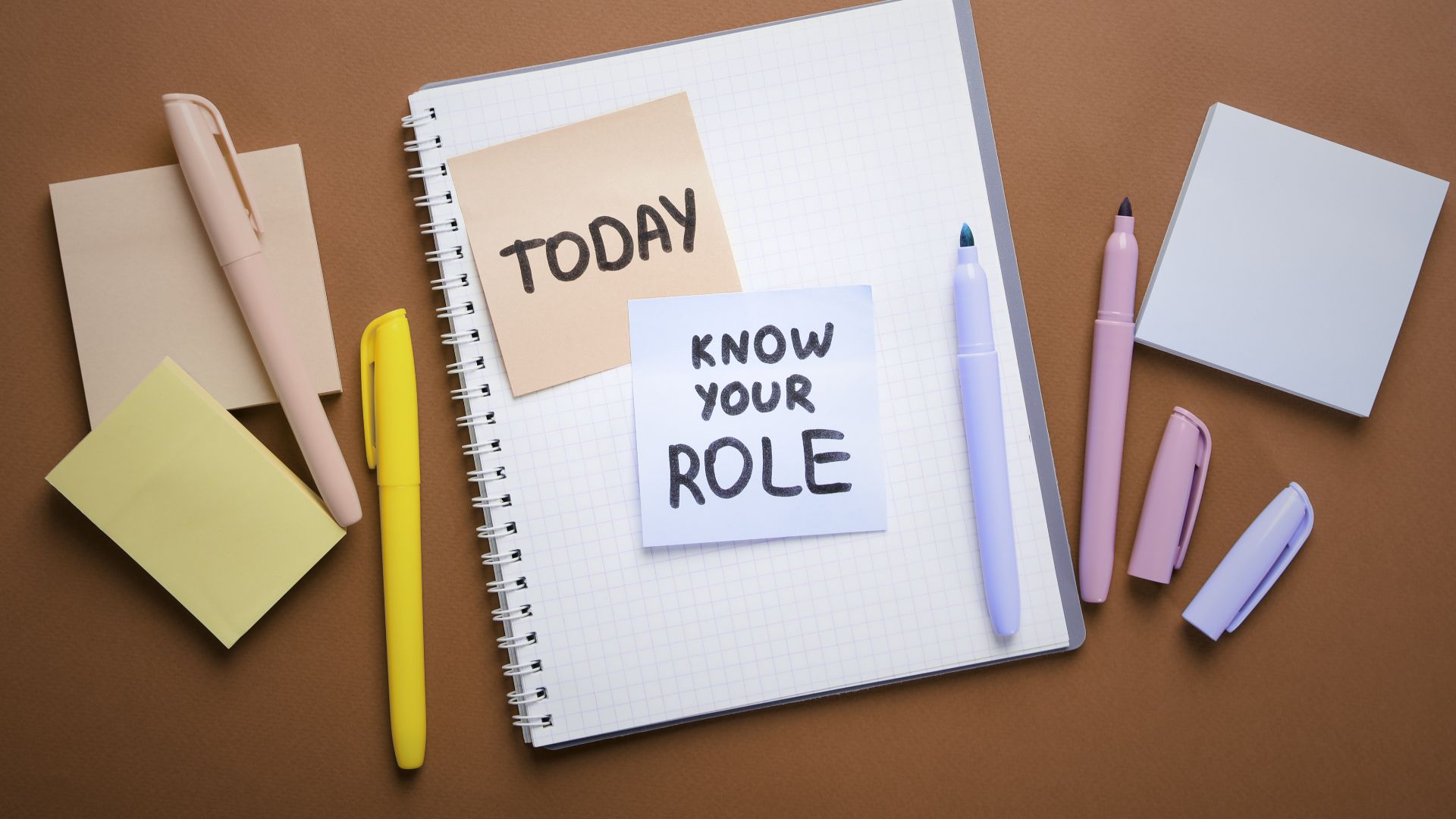 Desk with notes that say: today, know your role!